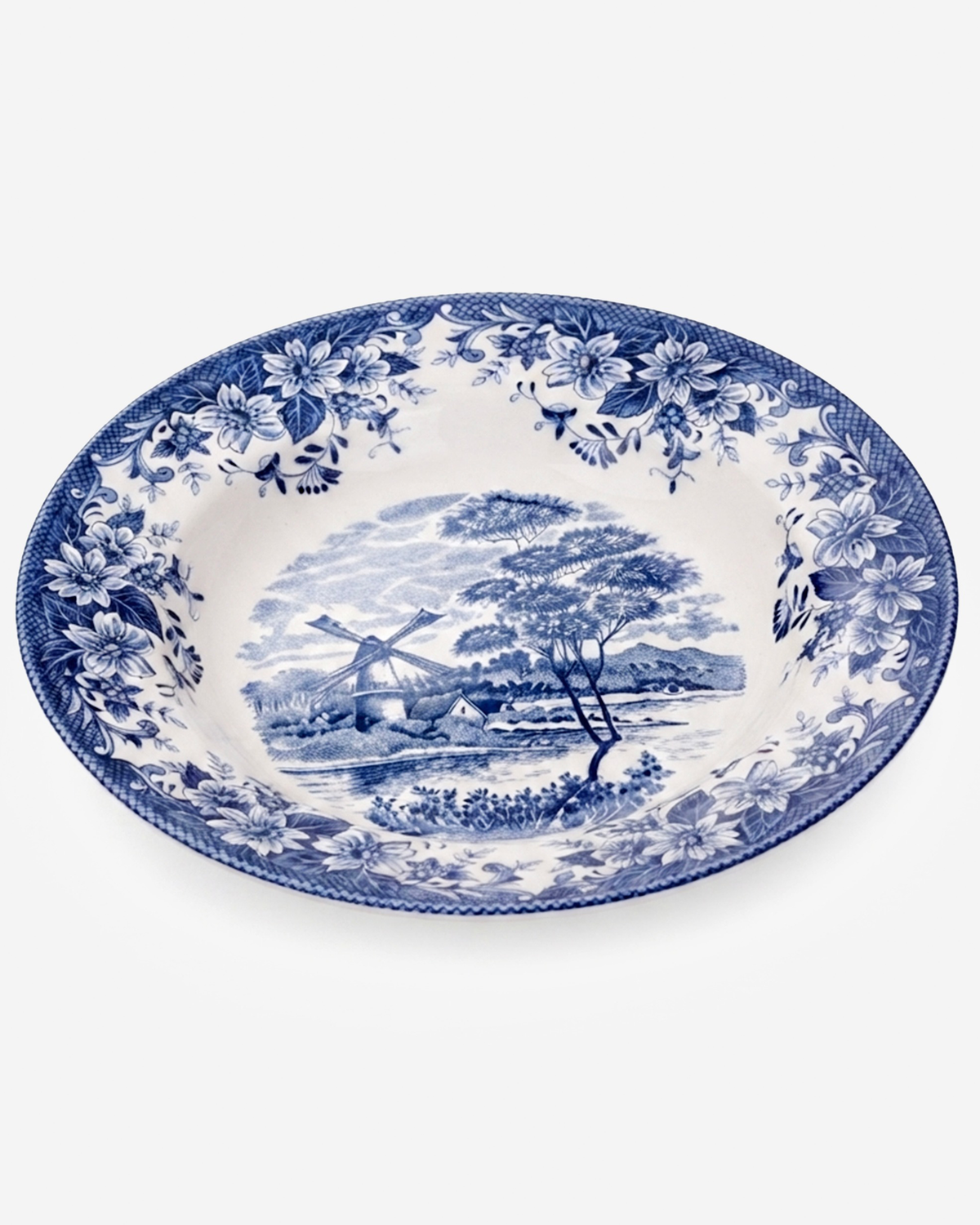 Claytan Classic Blue Windmill & Floral Pattern Earthenware Soup & Pasta Plate, 9.2 Inch, White