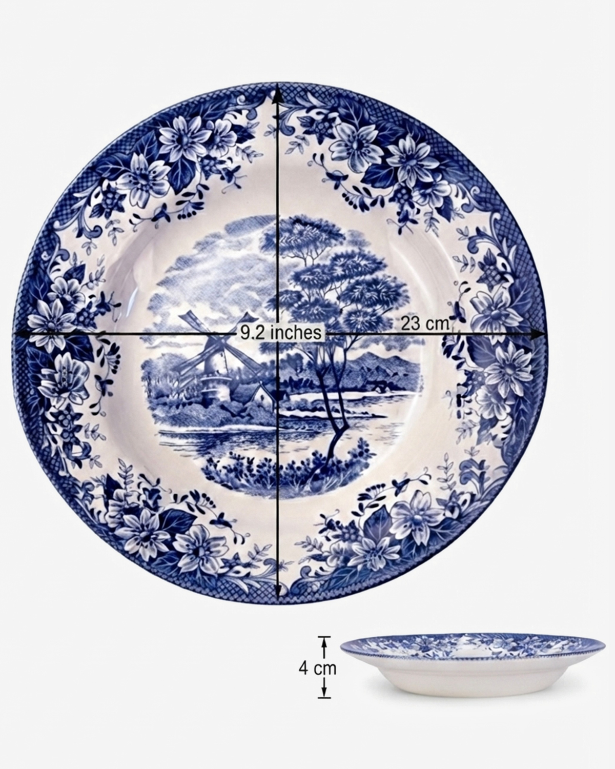 Claytan Classic Blue Windmill & Floral Pattern Earthenware Soup & Pasta Plate, 9.2 Inch, White