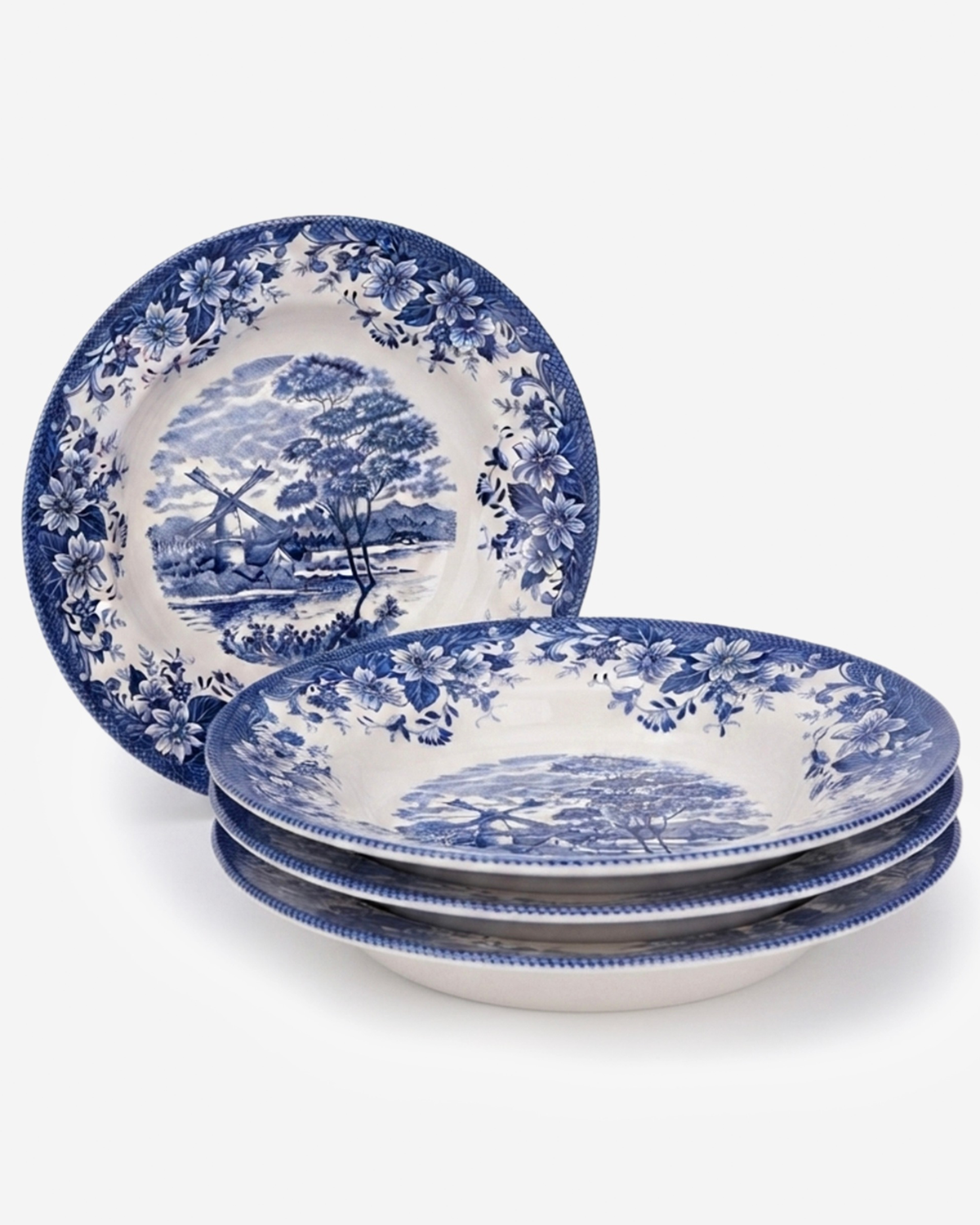 Claytan Classic Blue Windmill & Floral Pattern Earthenware Soup & Pasta Plate, 9.2 Inch, White, Set of 4