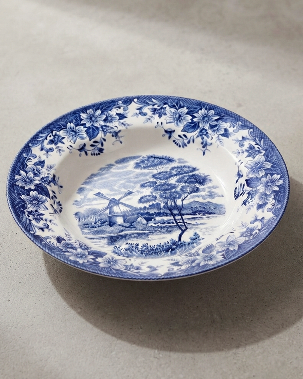 Claytan Classic Blue Windmill & Floral Pattern Earthenware Soup & Pasta Plate, 9.2 Inch, White, Set of 6