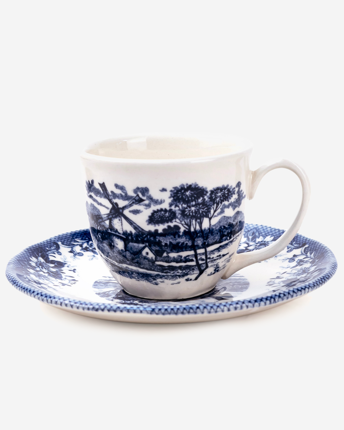 Claytan Classic Windmill Pattern Blue Earthenware Espresso Cup & Saucer Set, 90ml, White