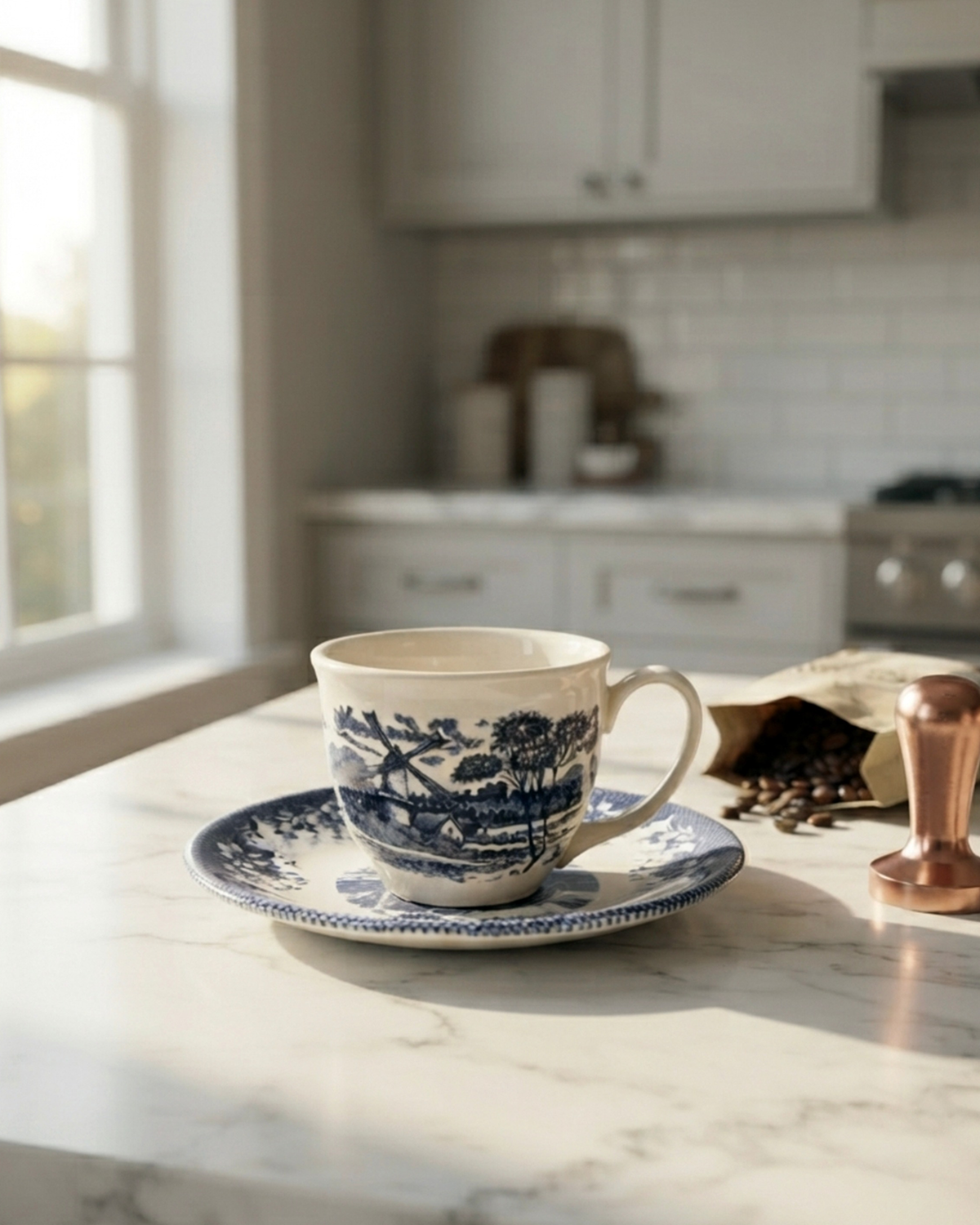 Claytan Classic Windmill Pattern Blue Earthenware Espresso Cup & Saucer Set, 90ml, White