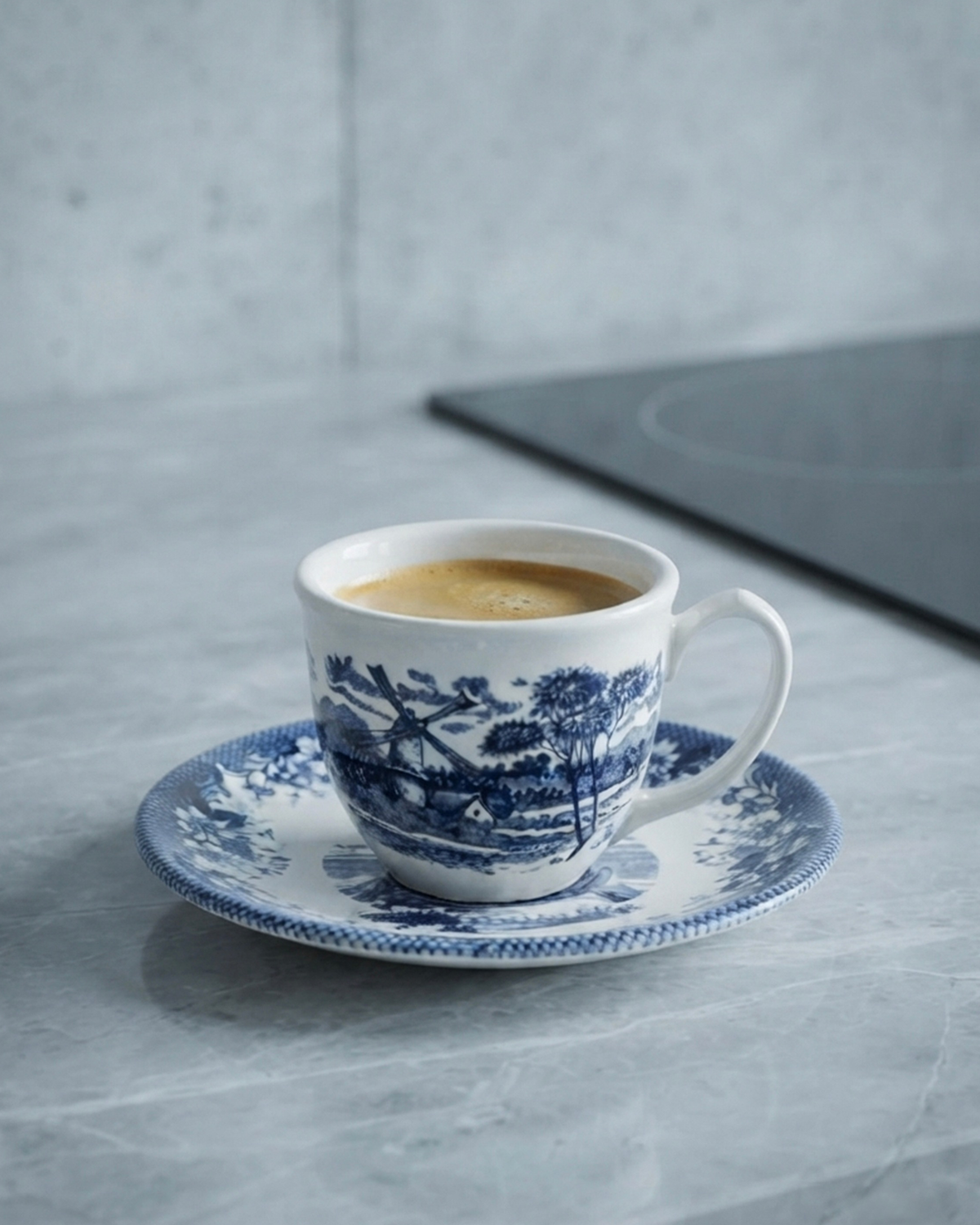 Claytan Classic Windmill Pattern Blue Earthenware Espresso Cup & Saucer Set, 90ml, White