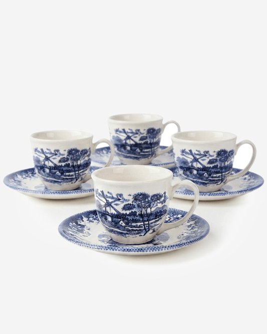 Claytan Classic Windmill Pattern Blue Earthenware Espresso Cup & Saucer Set, 90ml, White, Set of 4
