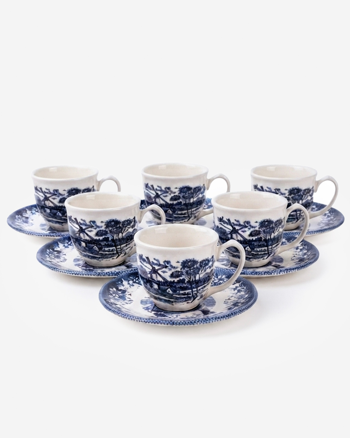 Claytan Classic Windmill Pattern Blue Earthenware Espresso Cup & Saucer Set, 90ml, White, Set of 6