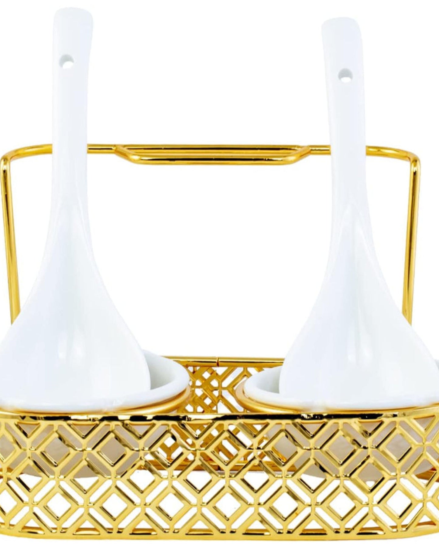 مسند ملاعق مغرفة مزدوجة ضحلة وملاعق تقديم مع حامل معدني ذهبي