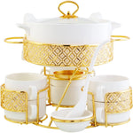 Shallow CX1526S White Soup Set with Golden Metal Stand - 17 Pieces | Elegant Soup Set with Gold Metal Stand, White & Gold Color