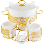 طقم شوربة أبيض شالو CX1526S مع حامل معدني ذهبي - 17 قطعة | طقم شوربة أنيق مع حامل معدني ذهبي، لون أبيض وذهبي