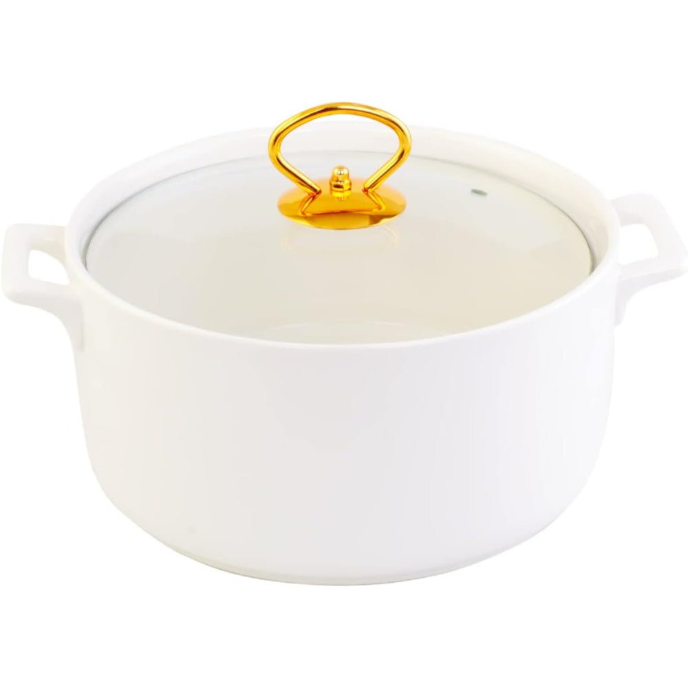 طقم شوربة أبيض شالو CX1526S مع حامل معدني ذهبي - 17 قطعة | طقم شوربة أنيق مع حامل معدني ذهبي، لون أبيض وذهبي