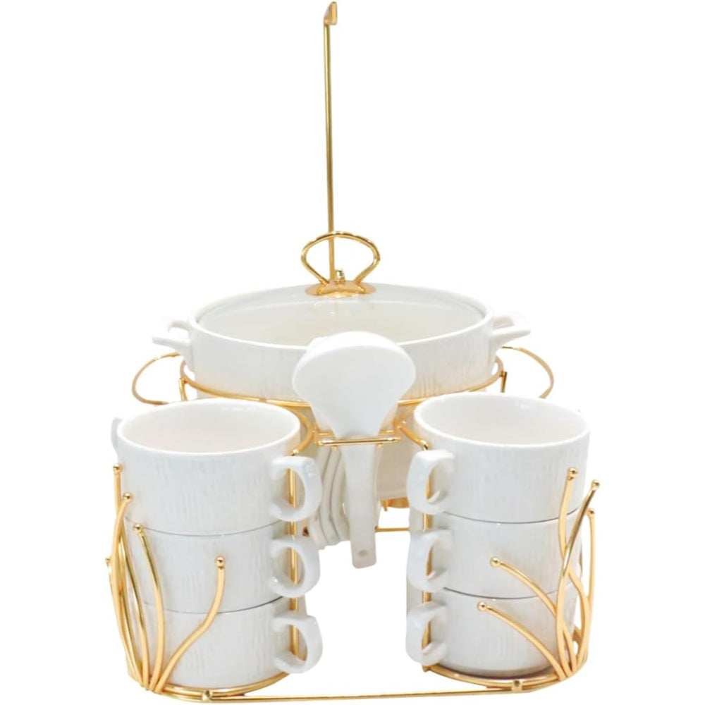 Shallow Porcelain 16-Piece Soup Set - White and Gold Elegance - Model CX1828-N-G