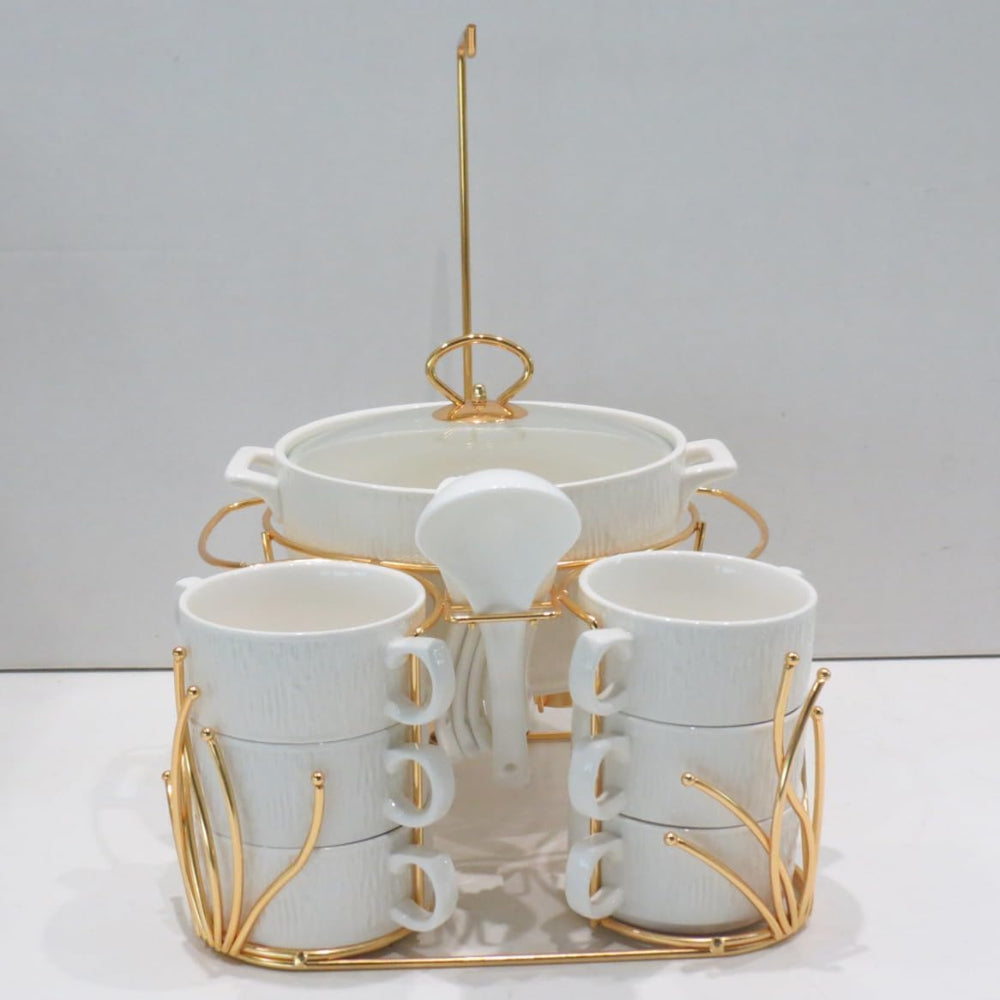 طقم شوربة من البورسلين الضحل، ١٦ قطعة - أناقة باللونين الأبيض والذهبي - موديل CX1828-NG