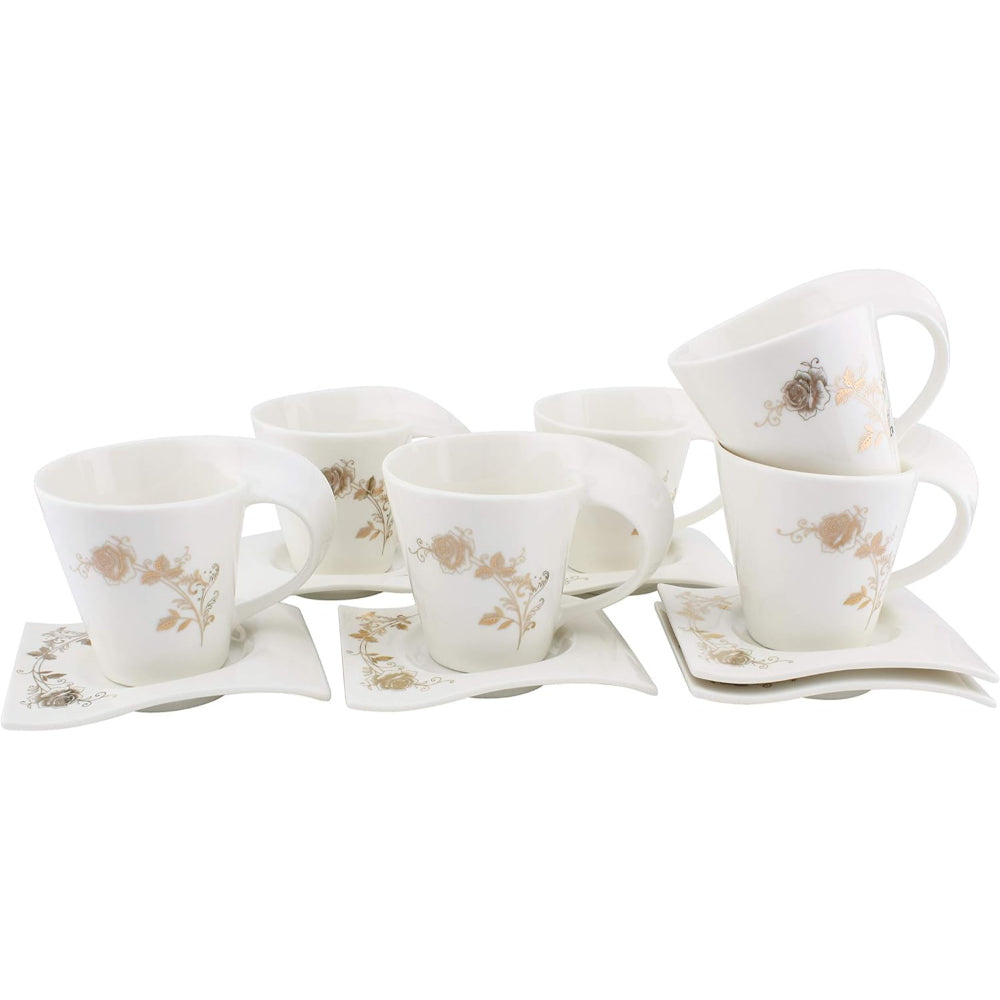 Shallow 12-Piece 90cc Bone China Cups and Saucers Set | Elegant Tea and Coffee Cups with Matching Saucers