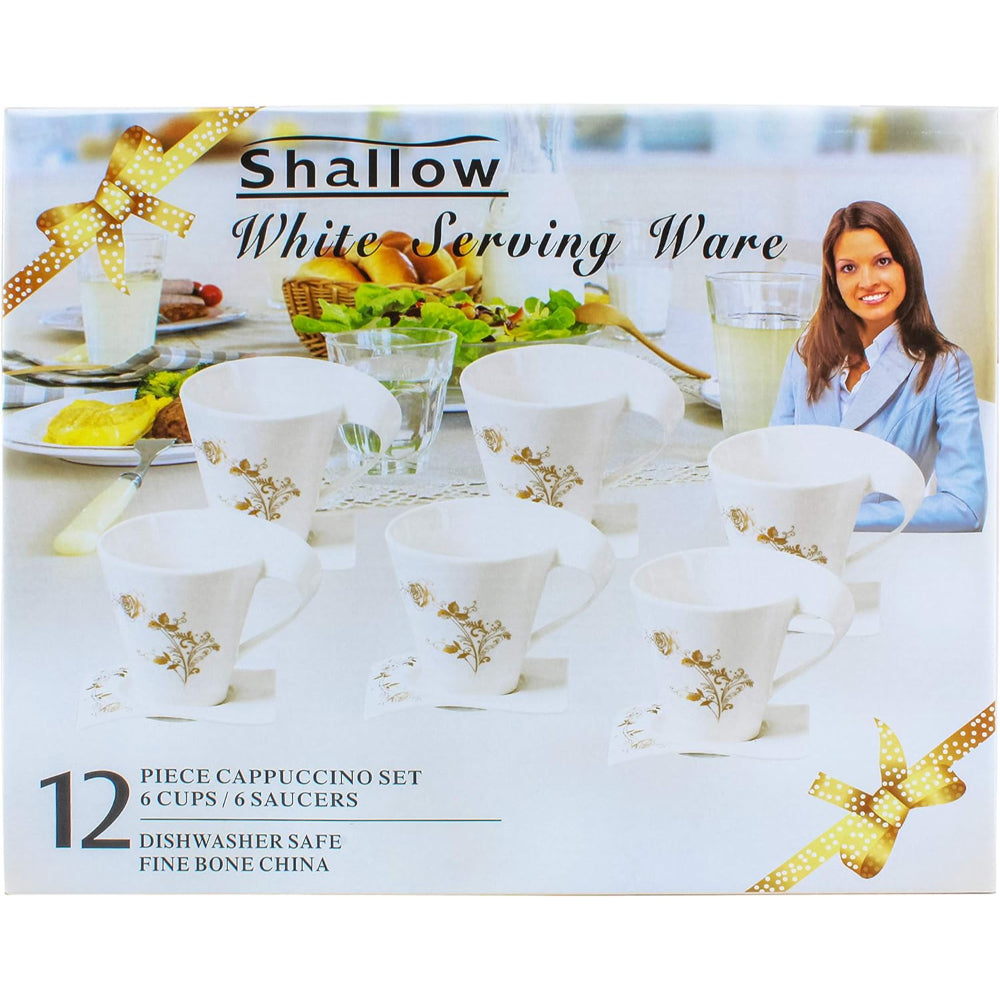 طقم أكواب وصحون من الخزف الصيني العظمي (12 قطعة، سعة 90 سم مكعب) | أكواب شاي وقهوة أنيقة مع صحون متناسقة