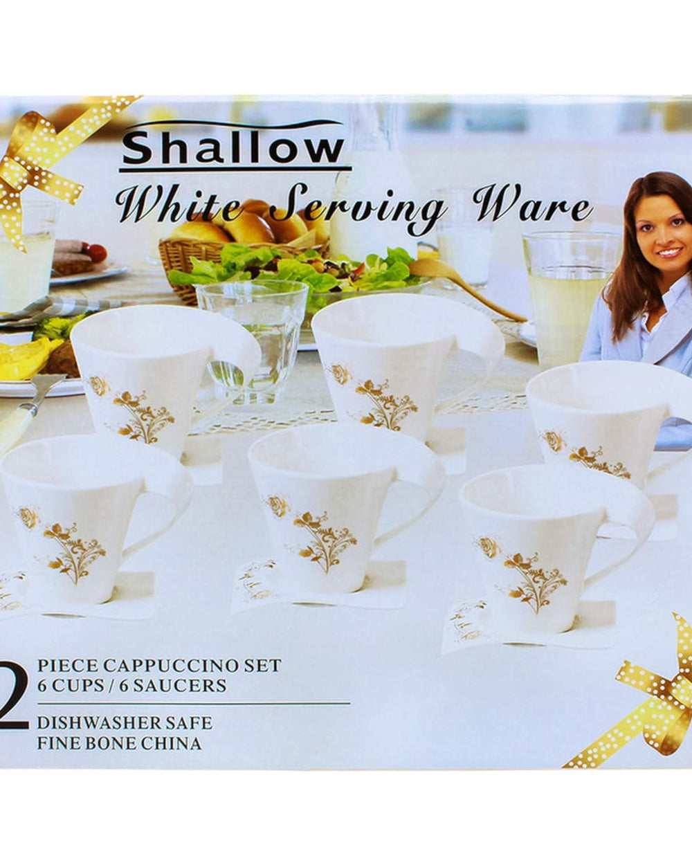 طقم فناجين وصحون من البورسلين الضحل، ١٢ قطعة، ٢٠٠ مل | طقم شاي وقهوة أبيض أنيق