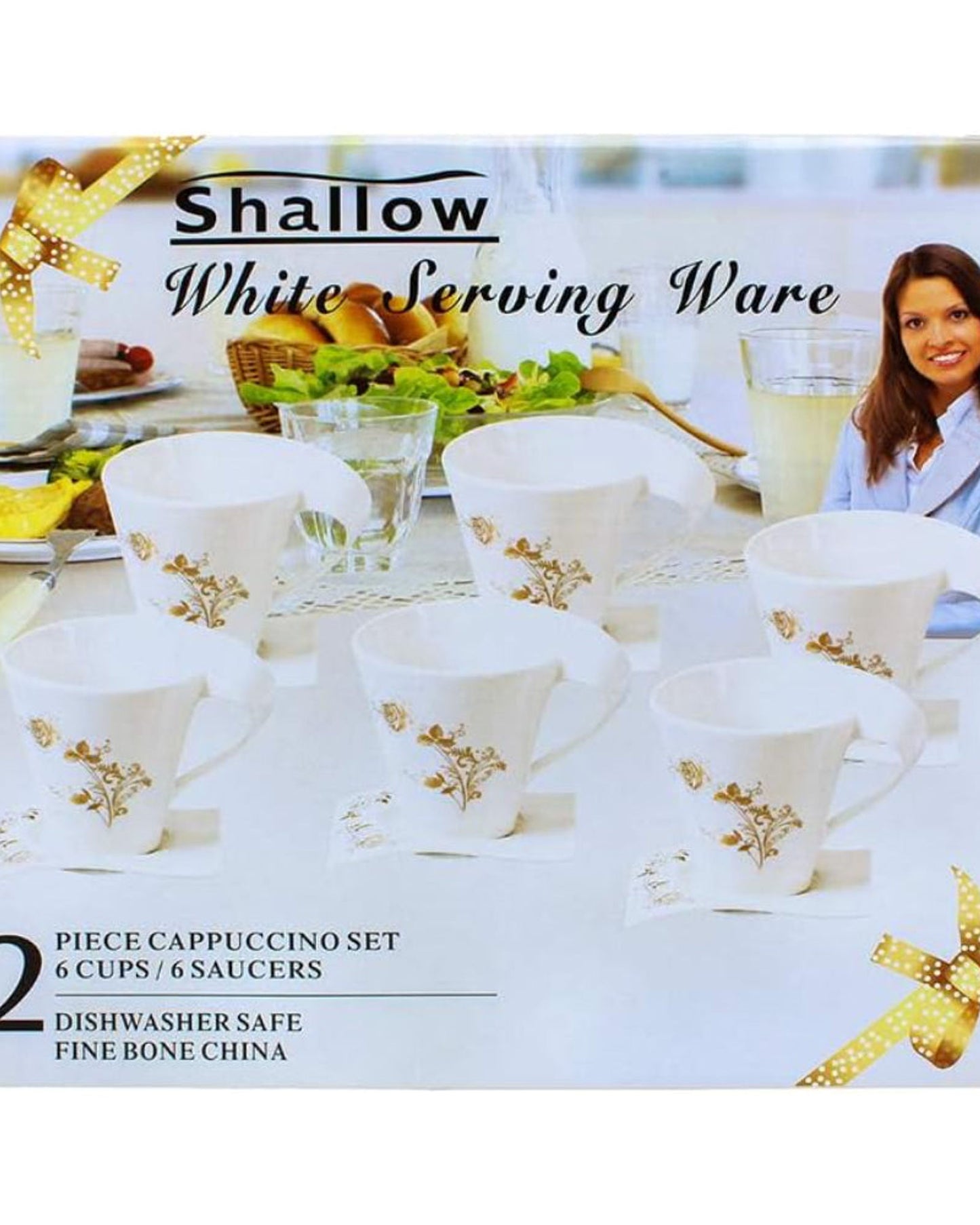 طقم فناجين وصحون من البورسلين من شالو، ١٢ قطعة، سعة ٢٠٠ مل | طقم شاي وقهوة أبيض أنيق