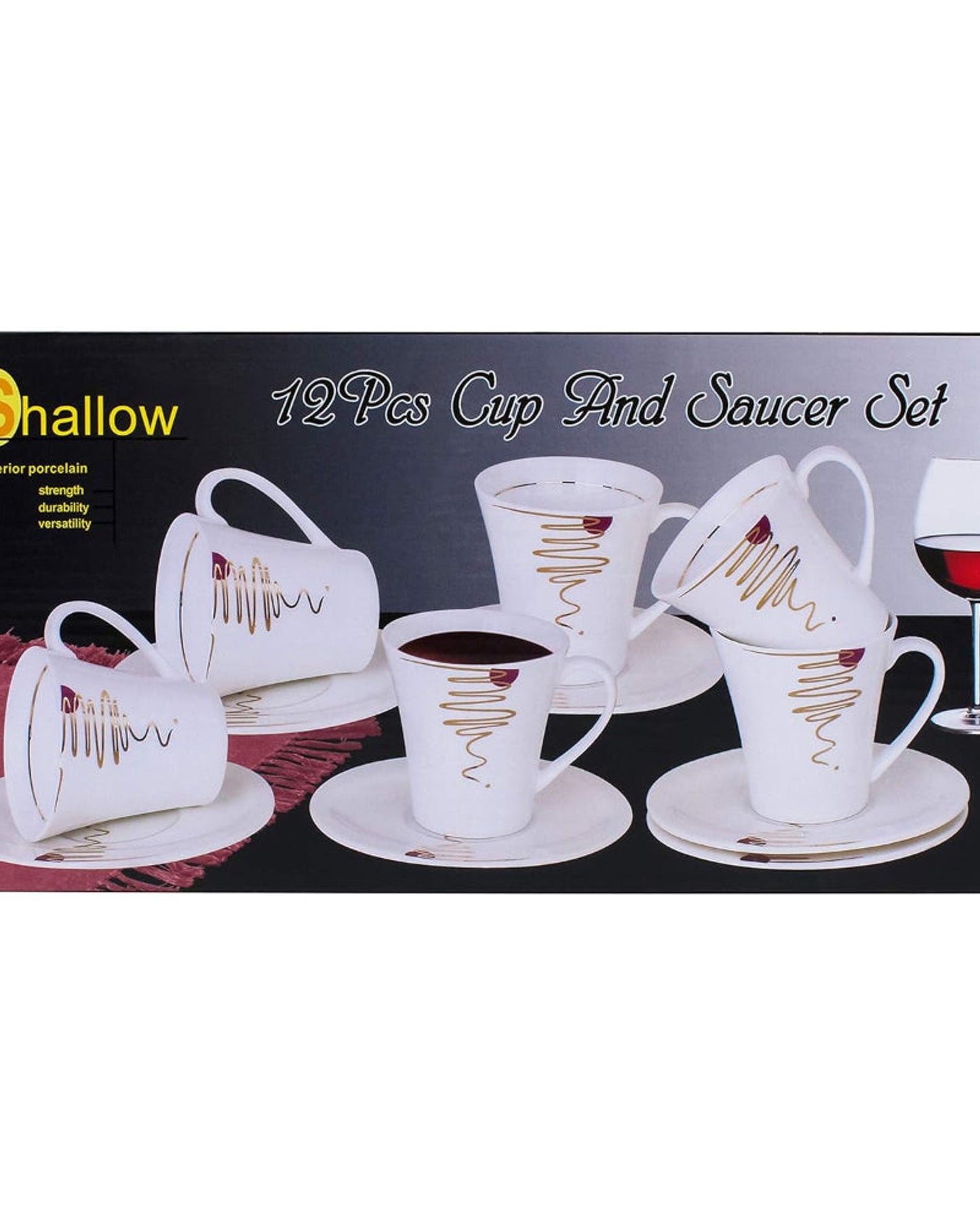 طقم أكواب وصحون من الخزف العظمي الضحل، أبيض/ذهبي، 200 مل، 12 قطعة - طقم شاي وقهوة أنيق