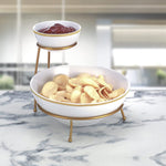 طقم أوعية رقائق وصلصة ضحلة 4.75 بوصة/9.25 بوصة مع حامل وملصق ذهبي، وصينية تقديم مربوطة لعرض الطعام والحلوى والمقبلات، ومجموعة أطباق تقديم للحفلات، ذهبي، أبيض/ذهبي