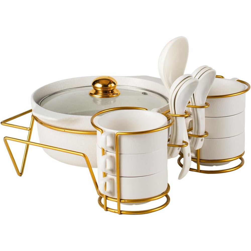 Shallow Porcelain 16-Piece Soup Set with Matt Fleck Gold Stand Rack – Elegant Soup Bowls & Spoons Set for Special Occasions