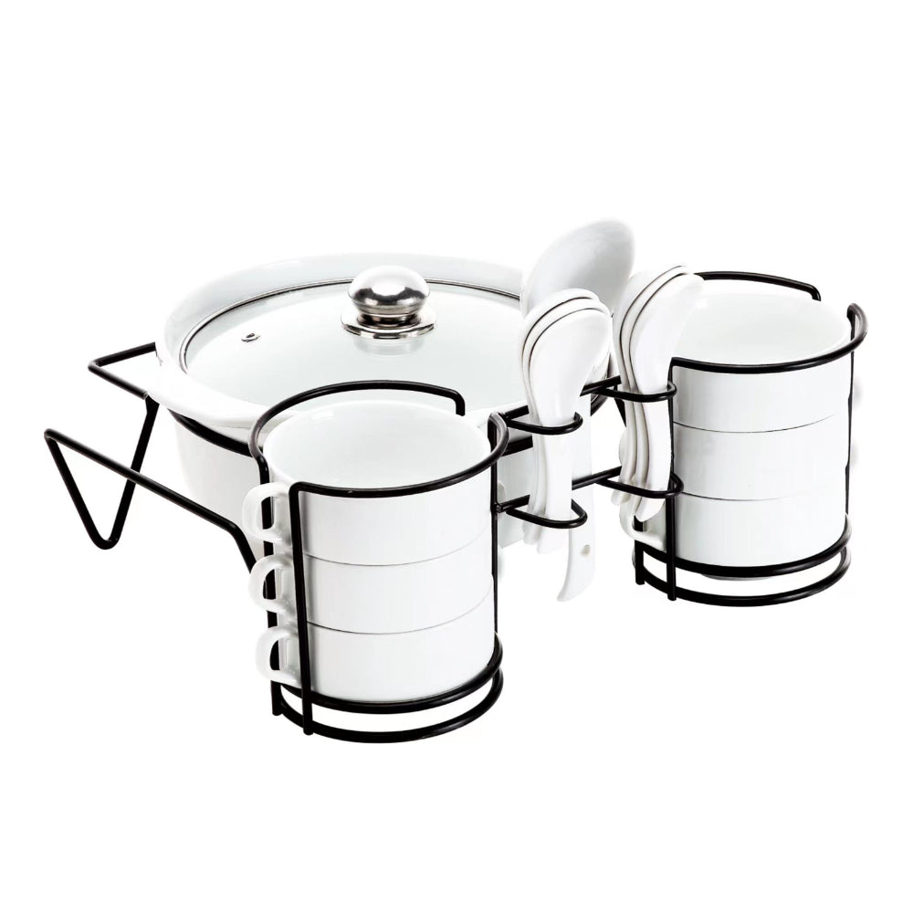 Shallow White soup set with Black Metal Stand 15 pieces