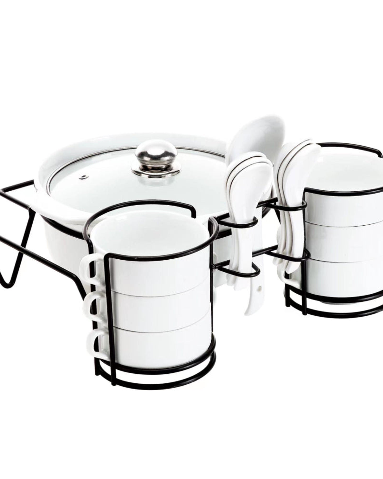 طقم شوربة أبيض ضحل مع حامل معدني أسود 15 قطعة