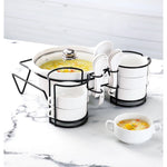 طقم شوربة أبيض ضحل مع حامل معدني أسود 15 قطعة