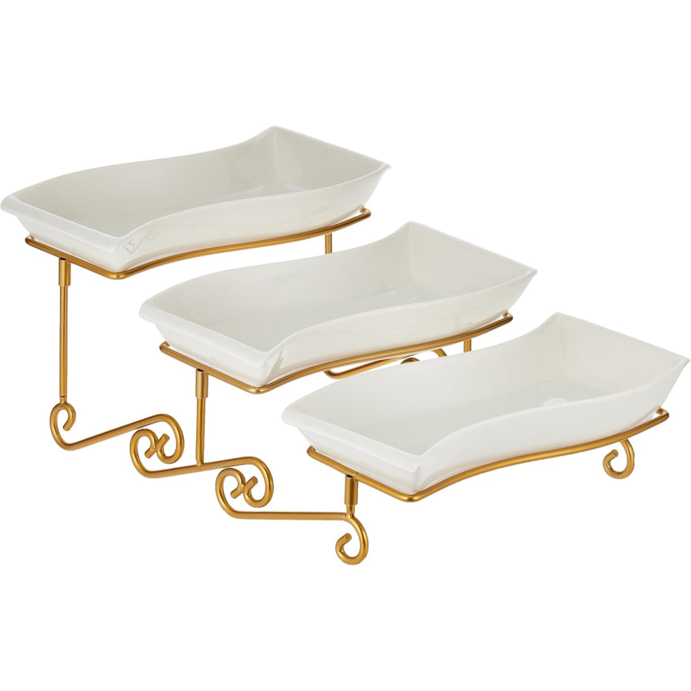 Shallow 3-Tier Serving Plate with Gold Rack, White, 3x30 cm – Elegant Dessert and Food Display Stand