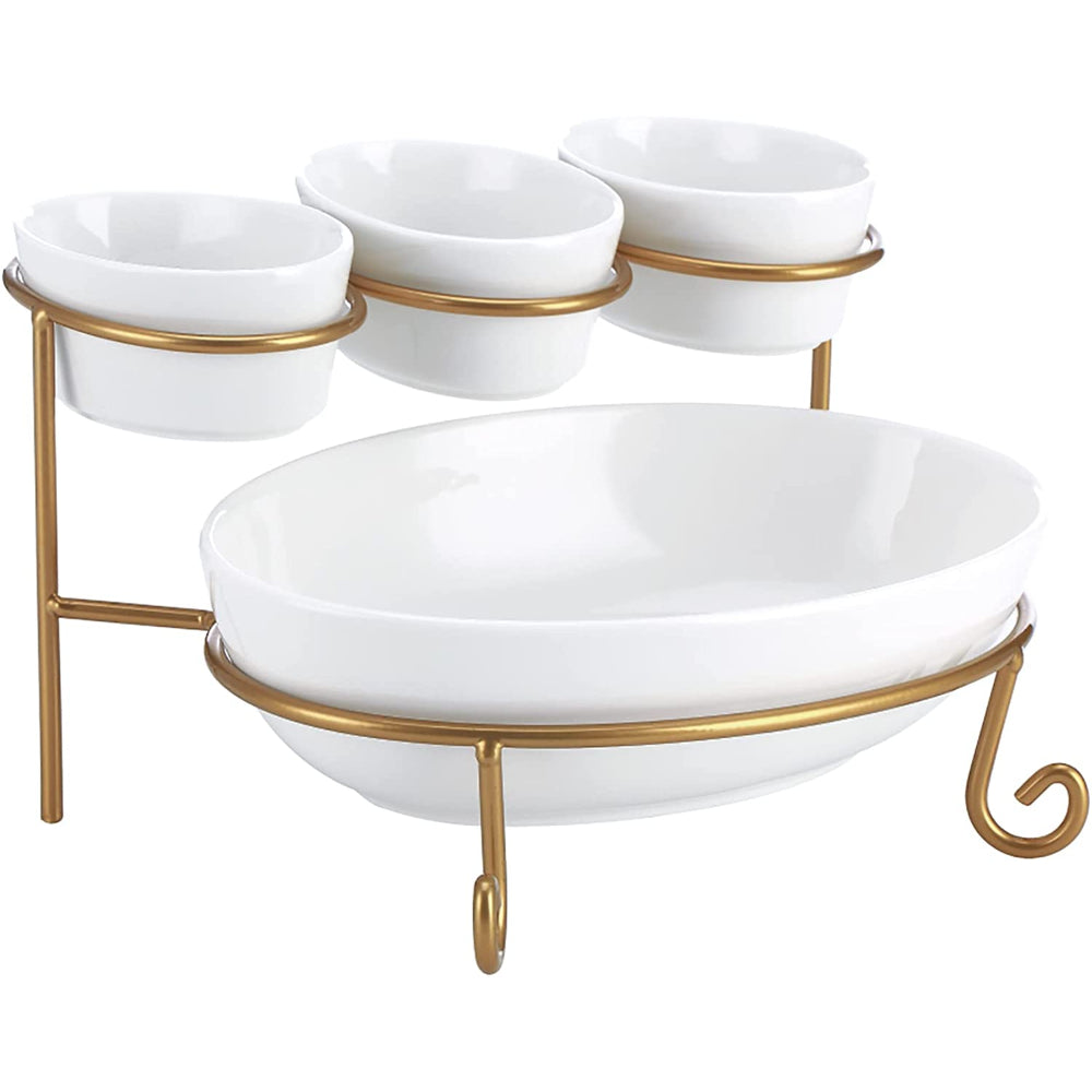 Shallow 4"/9.25" 2 Tier Serving Stand Oval Serving Bowl with Metal Rack, Tied Serving Tray Food Display Dessert Appetizer, Serving Bowl Fruit Chip Dip Bowl Set White/Gold