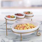 حامل تقديم مسطح من طبقتين، وعاء تقديم بيضاوي الشكل، 4 بوصات/9.25 بوصة، مع رف معدني، صينية تقديم مربوطة، عرض طعام، حلوى، مقبلات، وعاء تقديم، مجموعة وعاء غمس رقائق الفاكهة، أبيض/ذهبي