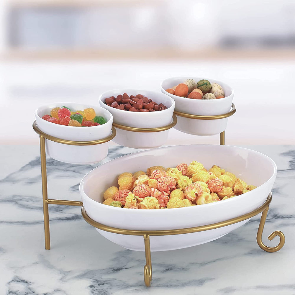 حامل تقديم مسطح من طبقتين، وعاء تقديم بيضاوي الشكل، 4 بوصات/9.25 بوصة، مع رف معدني، صينية تقديم مربوطة، عرض طعام، حلوى، مقبلات، وعاء تقديم، مجموعة وعاء غمس رقائق الفاكهة، أبيض/ذهبي