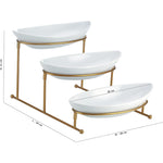 وعاء بيضاوي مسطح 11 بوصة بثلاث طبقات مع حامل ذهبي، صينية تقديم مربوطة لعرض الطعام والحلوى والمقبلات، وعاء تقديم وطبق غمس رقائق الفاكهة للحفلات، ذهبي، أبيض/ذهبي