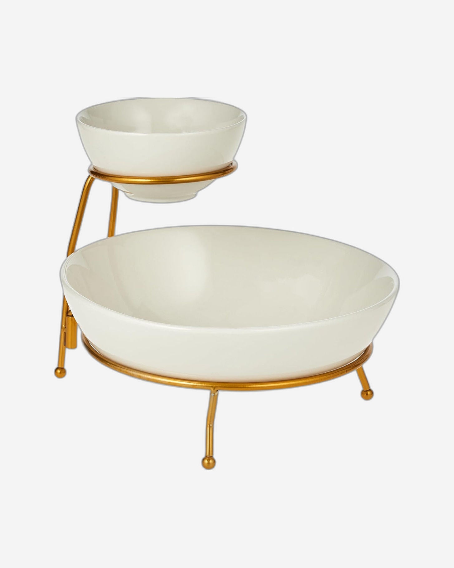 طقم تقديم رقائق البطاطس والصلصة، وعاءان من طبقتين للرقائق والصلصة مع حامل، أبيض/ذهبي - طقم تقديم أنيق من البورسلين للحفلات