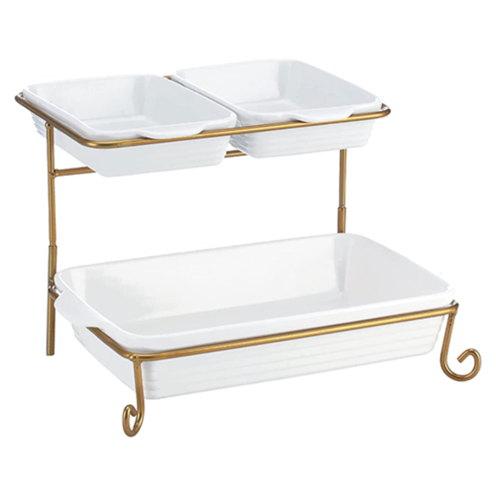 Shallow 8"/12" 2 Tier Rectangle Serving Set with Gold Stand, Tied Serving Tray Food Display Dessert Appetizer, Serving Plate Set for Parties, Gold, White/Gold