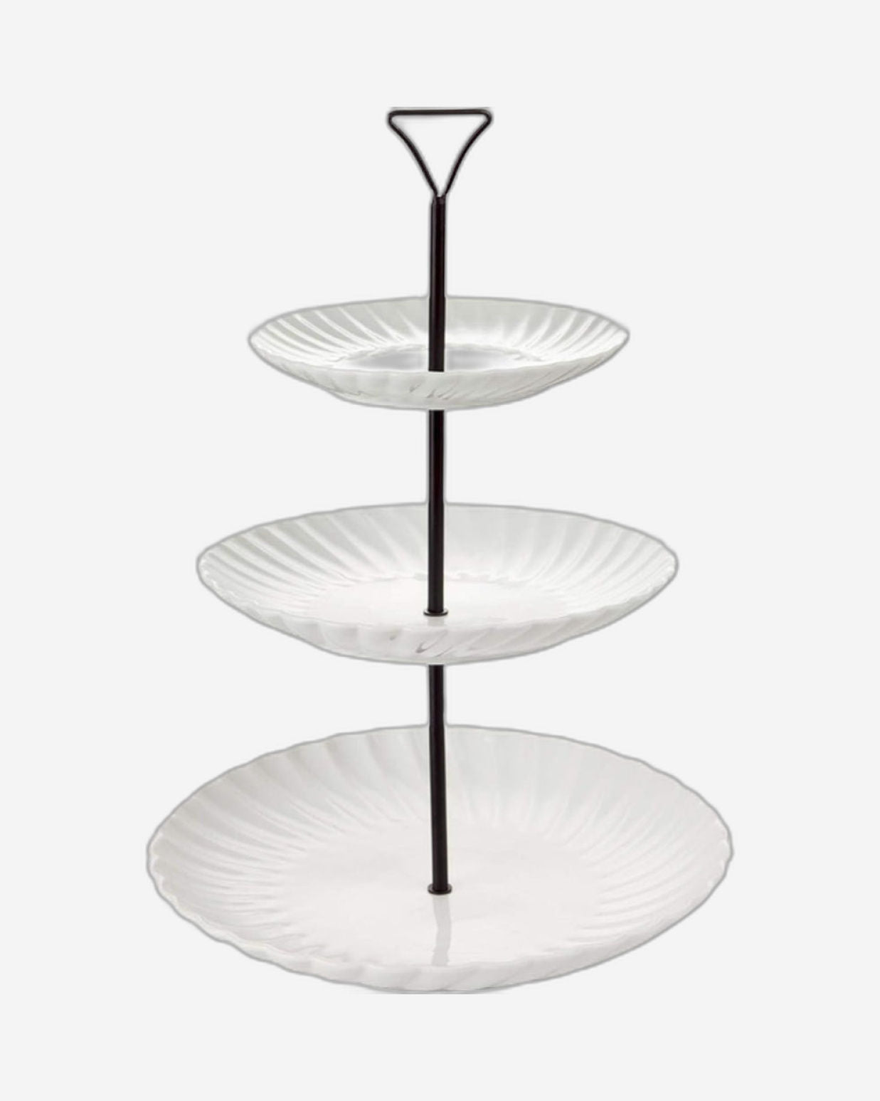 طقم تقديم مسطح من 3 طبقات، من البورسلين الأبيض مع حامل معدني - طقم تقديم أنيق للوجبات الخفيفة والمقبلات والحلويات