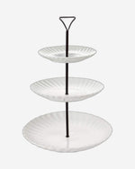 طقم تقديم مسطح من 3 طبقات، من البورسلين الأبيض مع حامل معدني - طقم تقديم أنيق للوجبات الخفيفة والمقبلات والحلويات