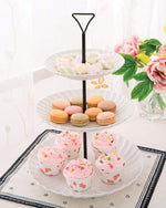 طقم تقديم مسطح من 3 طبقات، من البورسلين الأبيض مع حامل معدني - طقم تقديم أنيق للوجبات الخفيفة والمقبلات والحلويات