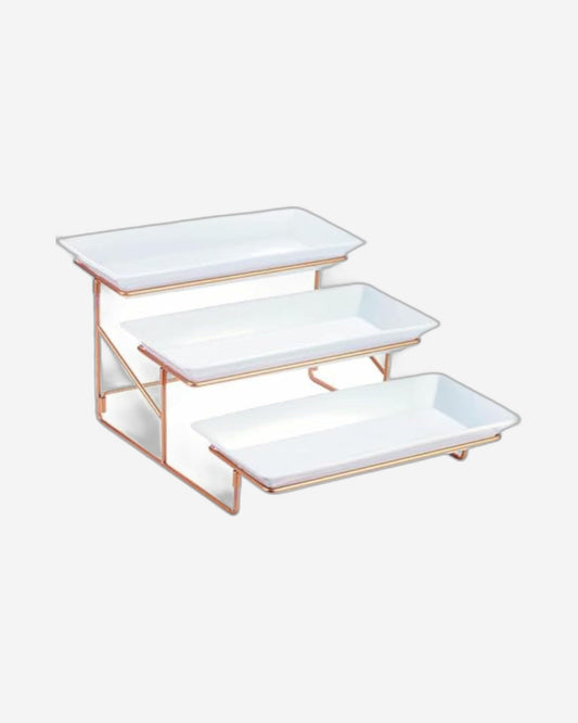 طبق تقديم مستطيل من الخزف الصيني العظمي، مقاس 14.5 بوصة، بثلاث طبقات، مع حامل ذهبي - طقم تقديم أنيق، بتصميم أبيض وذهبي