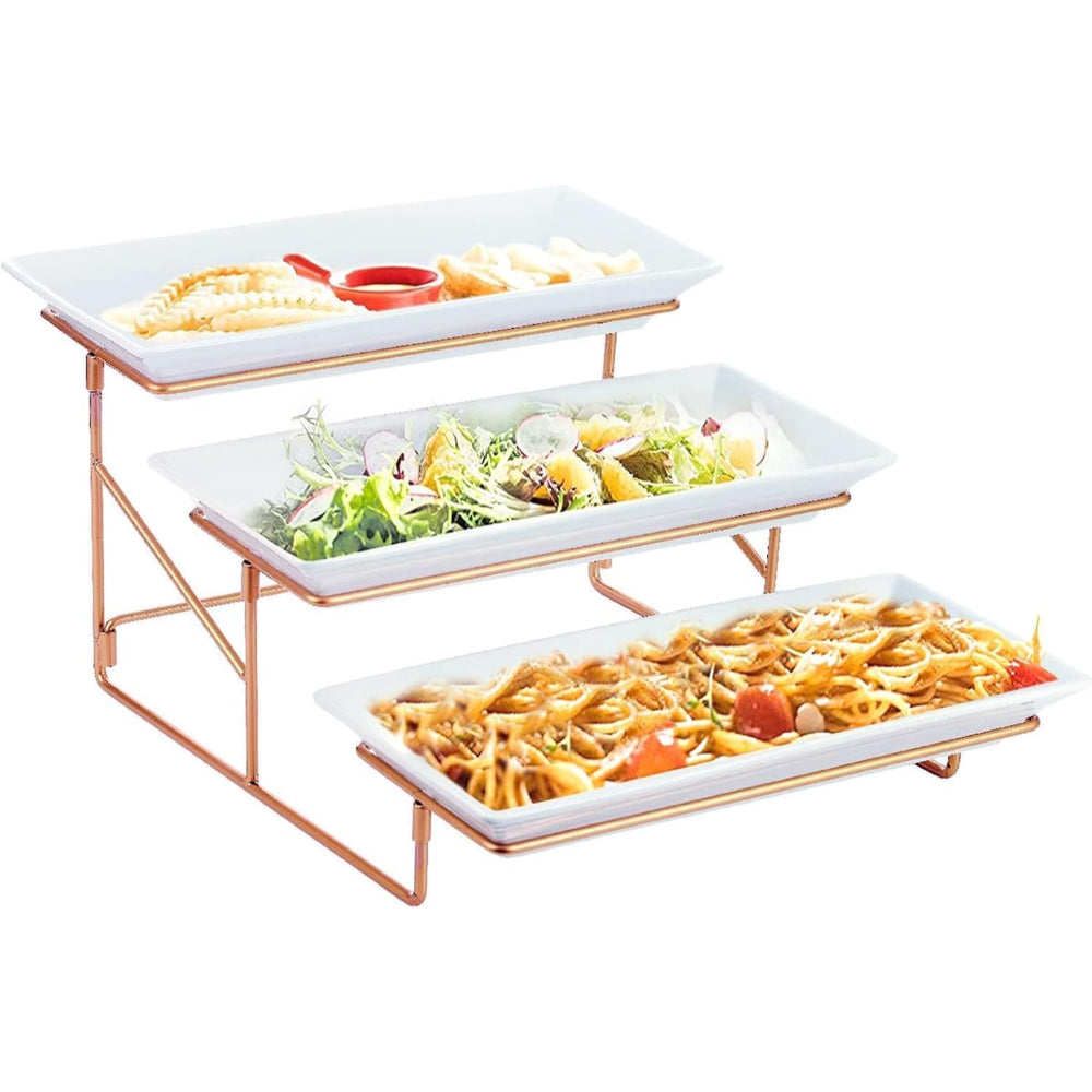 طبق تقديم مستطيل من الخزف الصيني العظمي، مقاس 14.5 بوصة، بثلاث طبقات، مع حامل ذهبي - طقم تقديم أنيق، بتصميم أبيض وذهبي