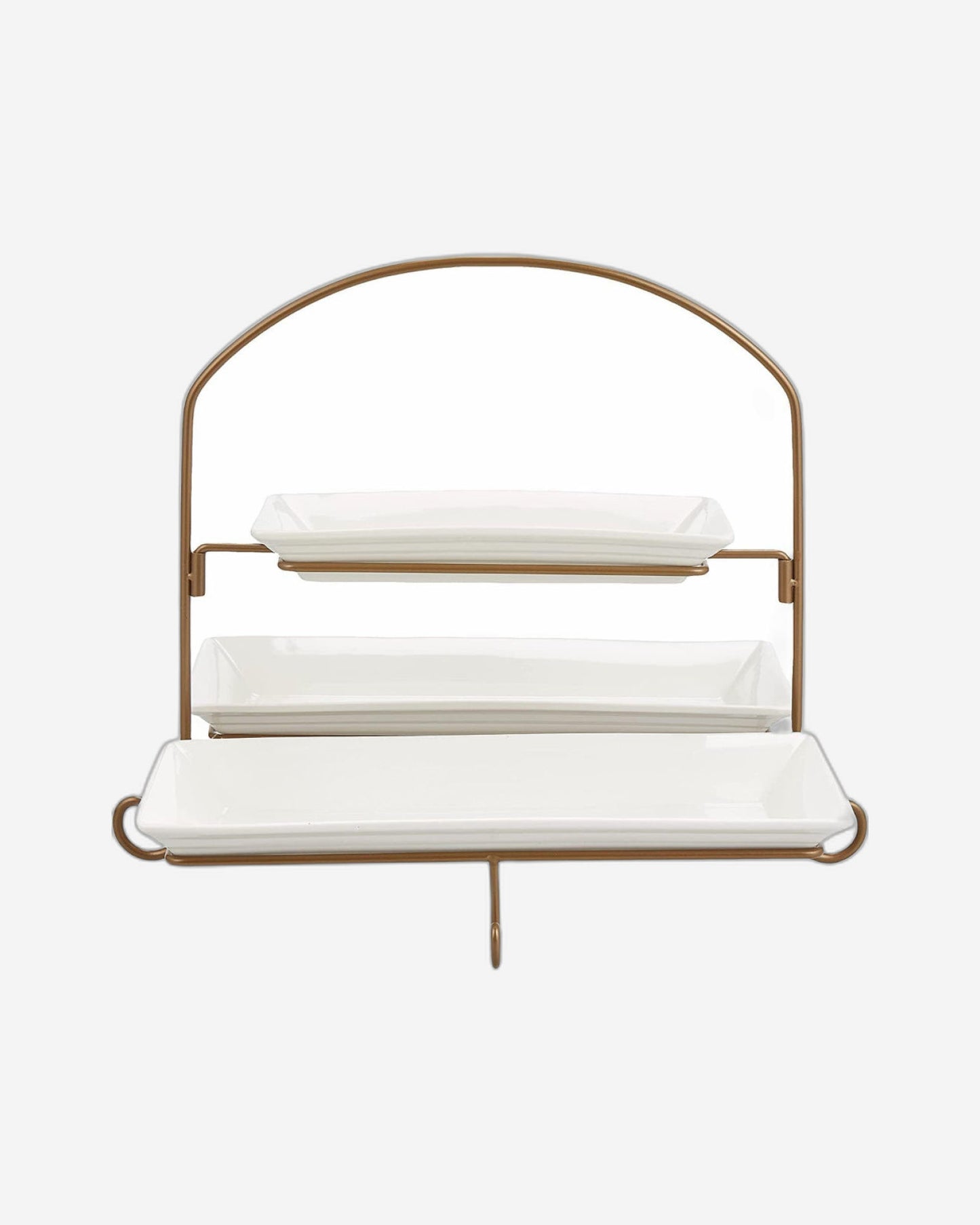 طبق مستطيل ضحل من طبقتين مع حامل ورف ذهبي - طقم تقديم من البورسلين (27 سم × 1، 37 سم × 2) - تصميم أنيق أبيض/ذهبي