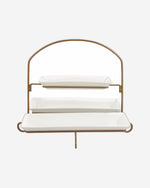 طبق مستطيل ضحل من طبقتين مع حامل ورف ذهبي - طقم تقديم من البورسلين (27 سم × 1، 37 سم × 2) - تصميم أنيق أبيض/ذهبي