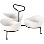Shallow Porcelain 3 x 13cm Bowls Serving Set with Black Stand Rack
