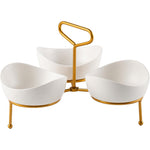 Bone China Shallow Porcelain 3 x 13cm Bowls Serving Set with Gold Stand Rack