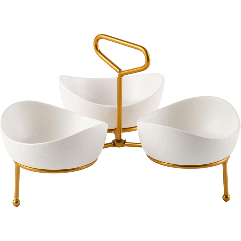 Bone China Shallow Porcelain 3 x 13cm Bowls Serving Set with Gold Stand Rack