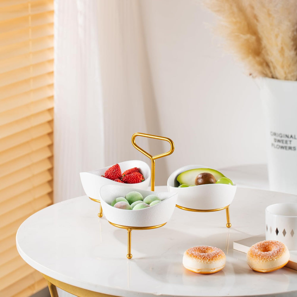 طقم تقديم من 3 أوعية من البورسلين الصيني العظمي بقياس 13 × 3 سم مع حامل ذهبي