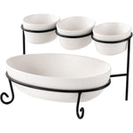 Bone China Shallow Porcelain 2-Tier Oval Serving Set with Black Stand Rack - 3x 10cm and 1x 24cm
