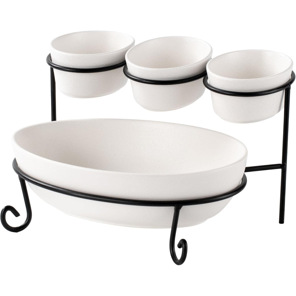 Bone China Shallow Porcelain 2-Tier Oval Serving Set with Black Stand Rack - 3x 10cm and 1x 24cm