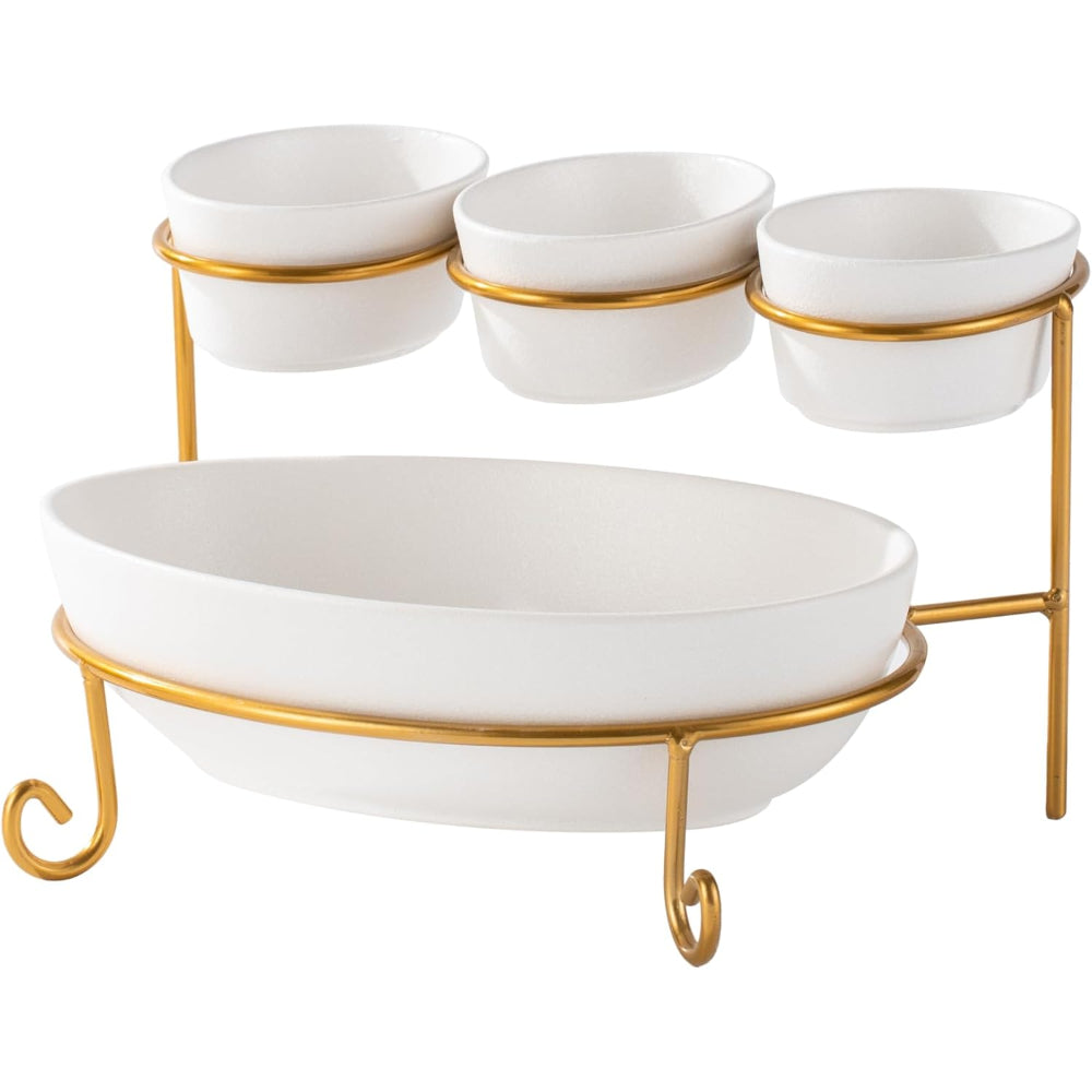 Bone China Shallow Porcelain 2-Tier Oval Serving Set with Gold Stand Rack - 3x 10cm and 1x 24cm