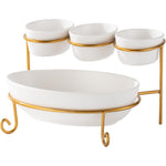 Bone China Shallow Porcelain 2-Tier Oval Serving Set with Gold Stand Rack - 3x 10cm and 1x 24cm