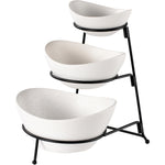Bone China Shallow Porcelain 3-Tier Serving Bowl Set with Black Stand Rack - 13cm, 15cm, 19cm