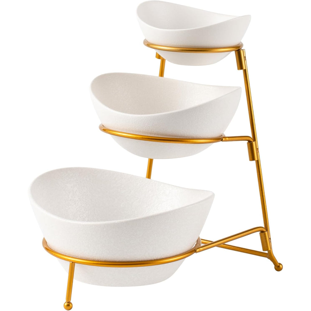Bone China Shallow Porcelain 3-Tier Serving Bowl Set with Black Stand Rack - 13cm, 15cm, 19cm