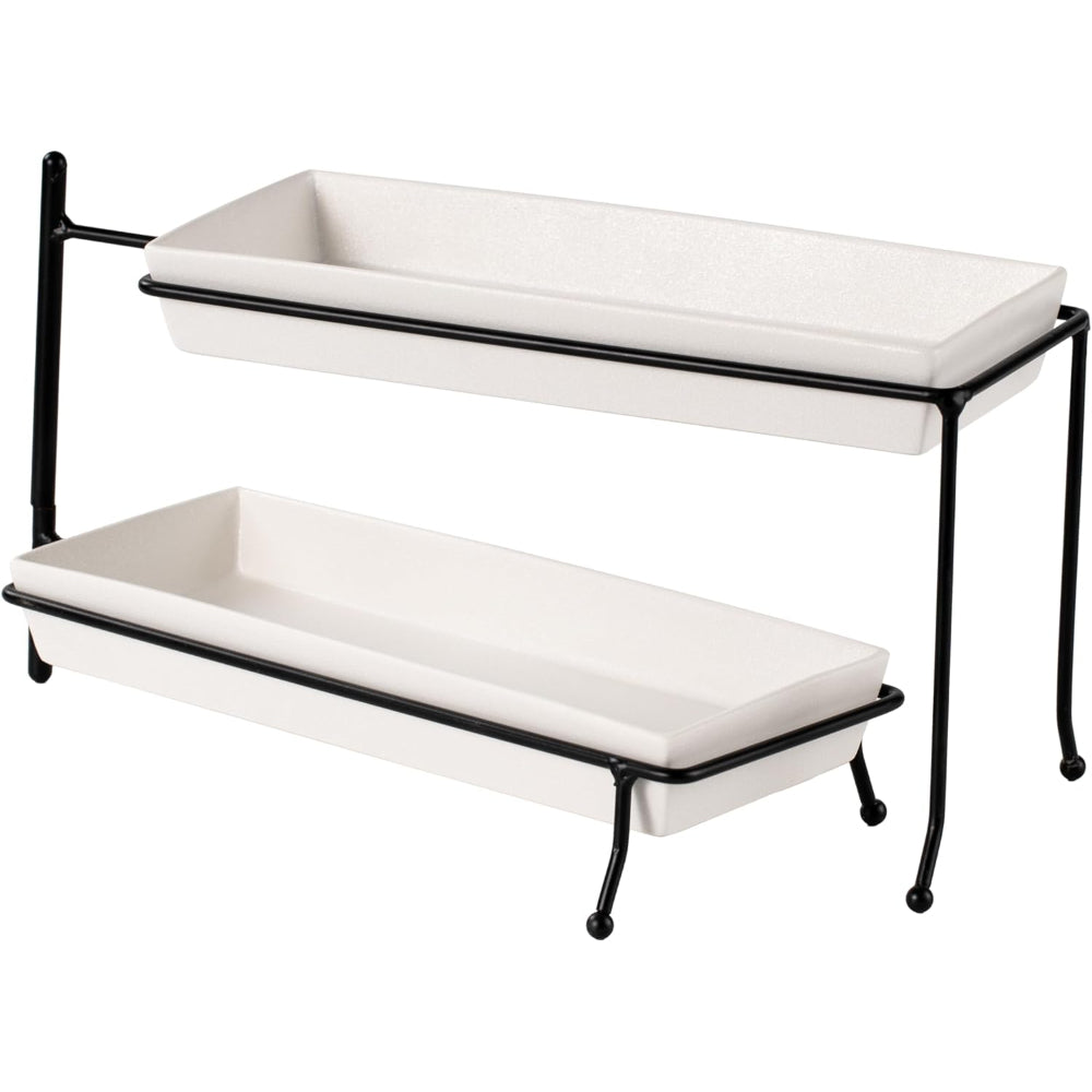 Shallow Porcelain Ceramic 2-Tier Rectangular Plate with Black Stand - Elegant 29cm Serving Display
